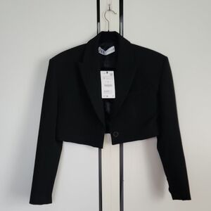 Zara Cropped Black Blazer Jacket With Shoulder Pads Size M New With Tag